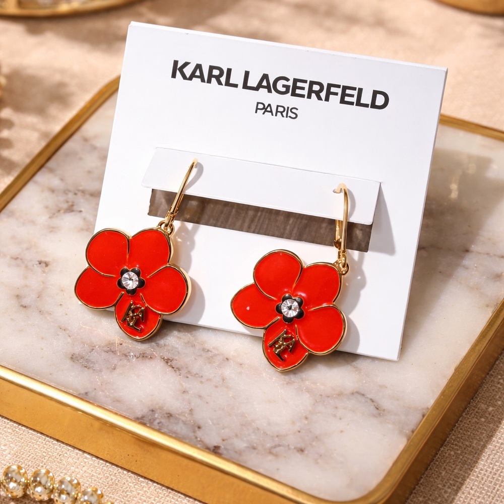 Karl Lagerfeld Red Enamel Flower Drop Earrings